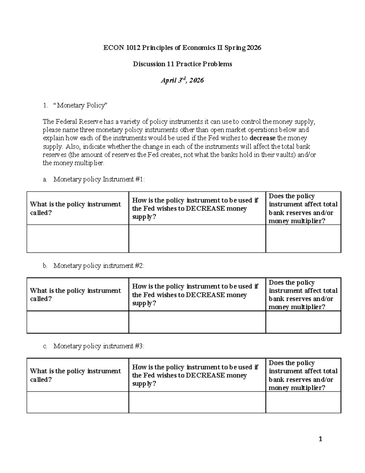 ECON 1012 Discussion 11 Practice Problems - Spring 2026 - Studocu