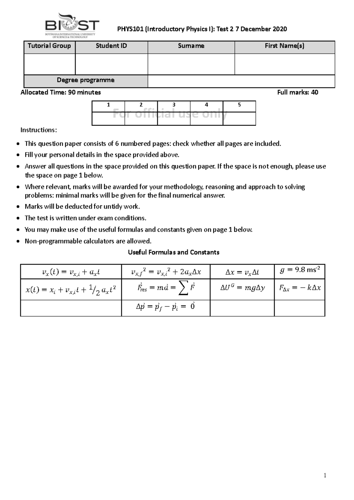 PHYS101: Test 2 Solutions and Analysis - December 2020 - Studocu