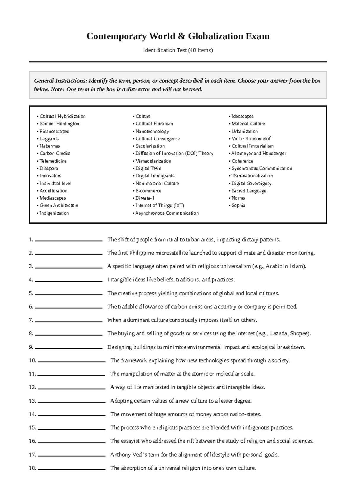 Contemporary World Globalization Exam (40 Items) - Studocu