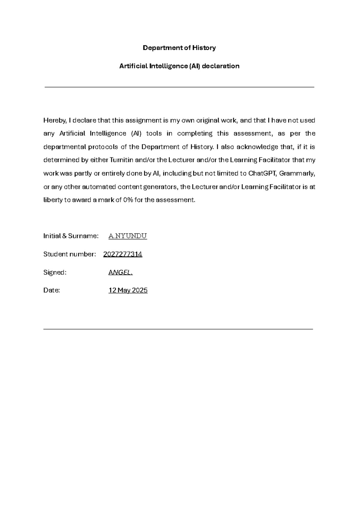 HIST 30 - AI Declaration for Assessments by A. Nyundu - Studocu