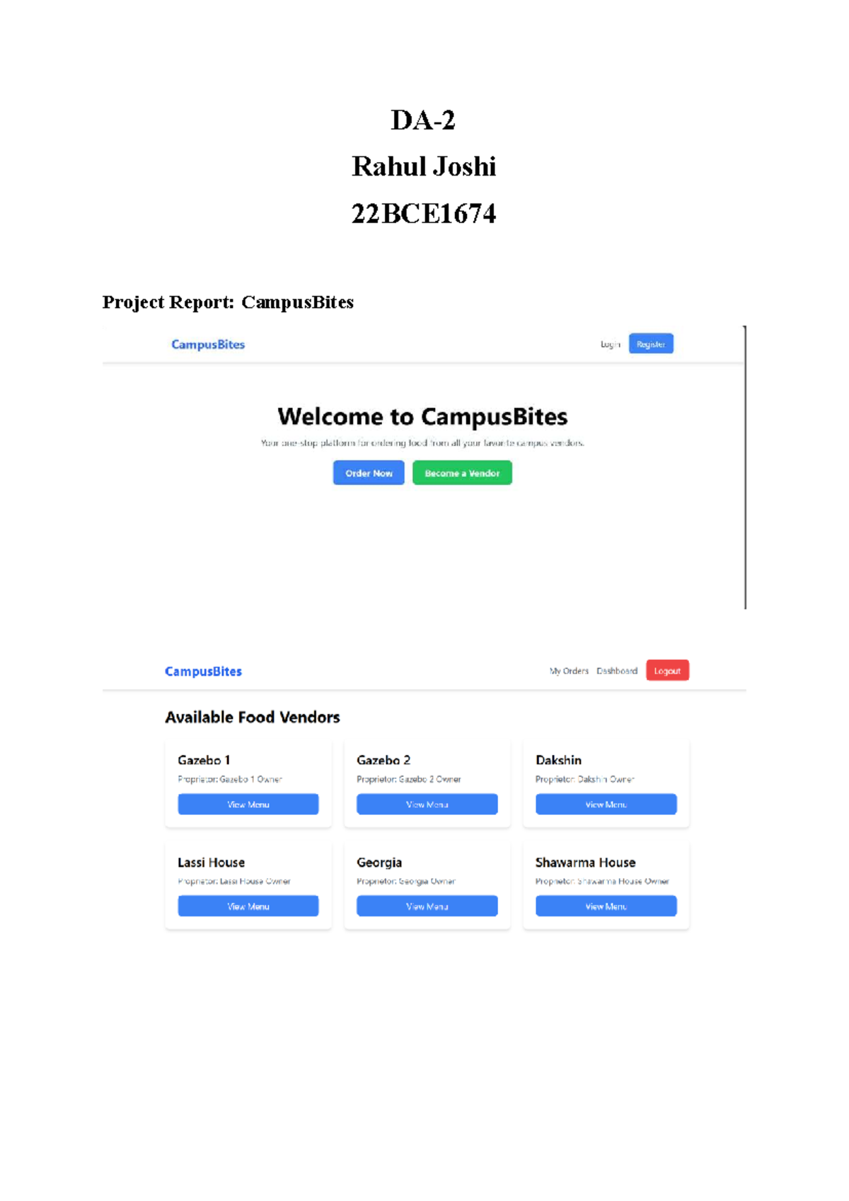 22BCE1674 Project Report: CampusBites Food Ordering Platform - Studocu