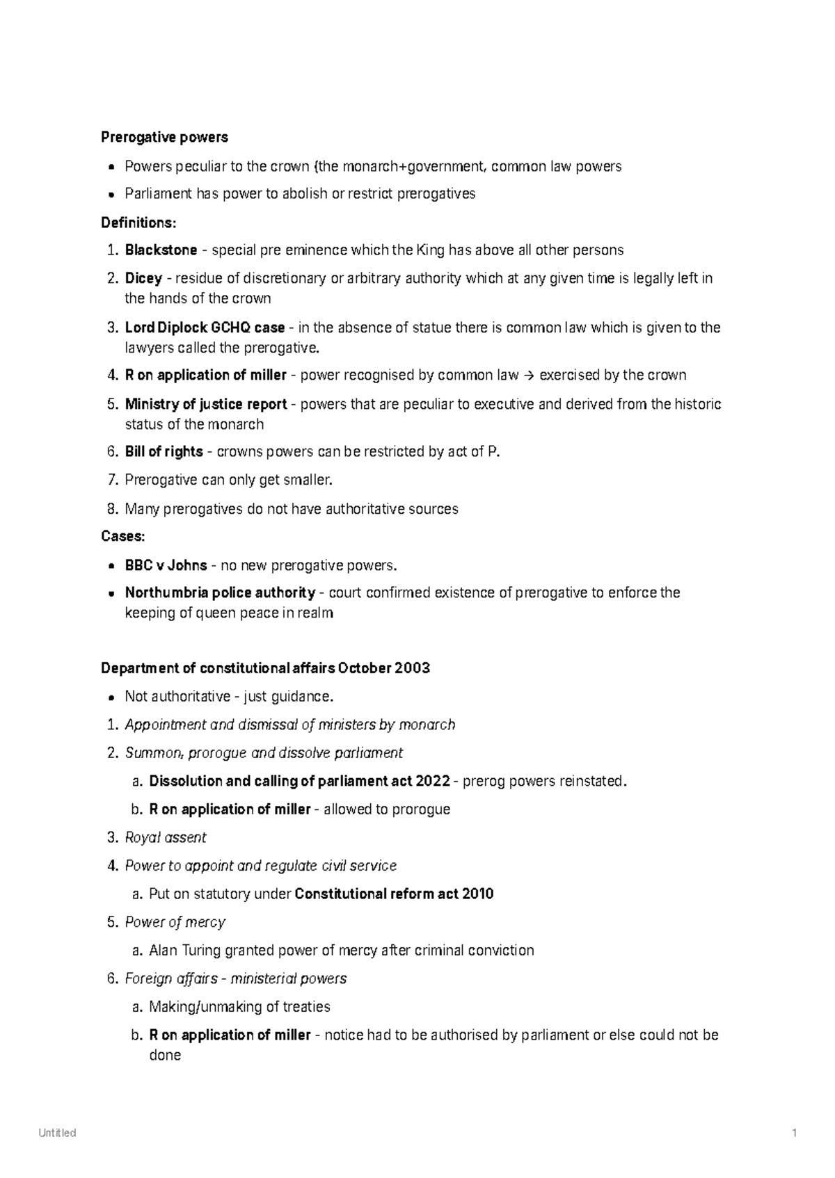 Prerogative Powers: Summary of Key Legal Concepts and Cases - Studocu