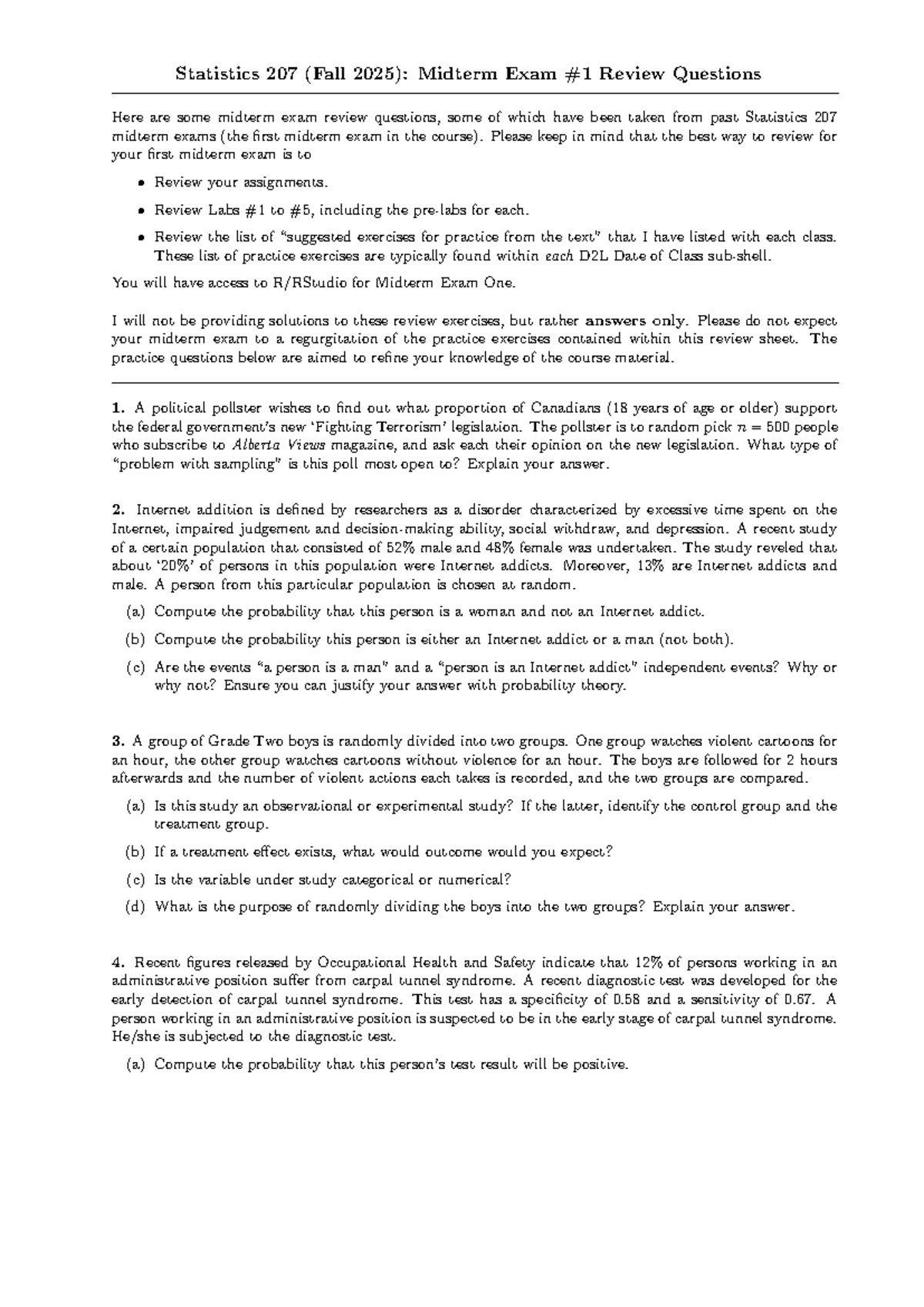 Statistics 207 (Fall 2025): Midterm Exam Review Exercises - Studocu