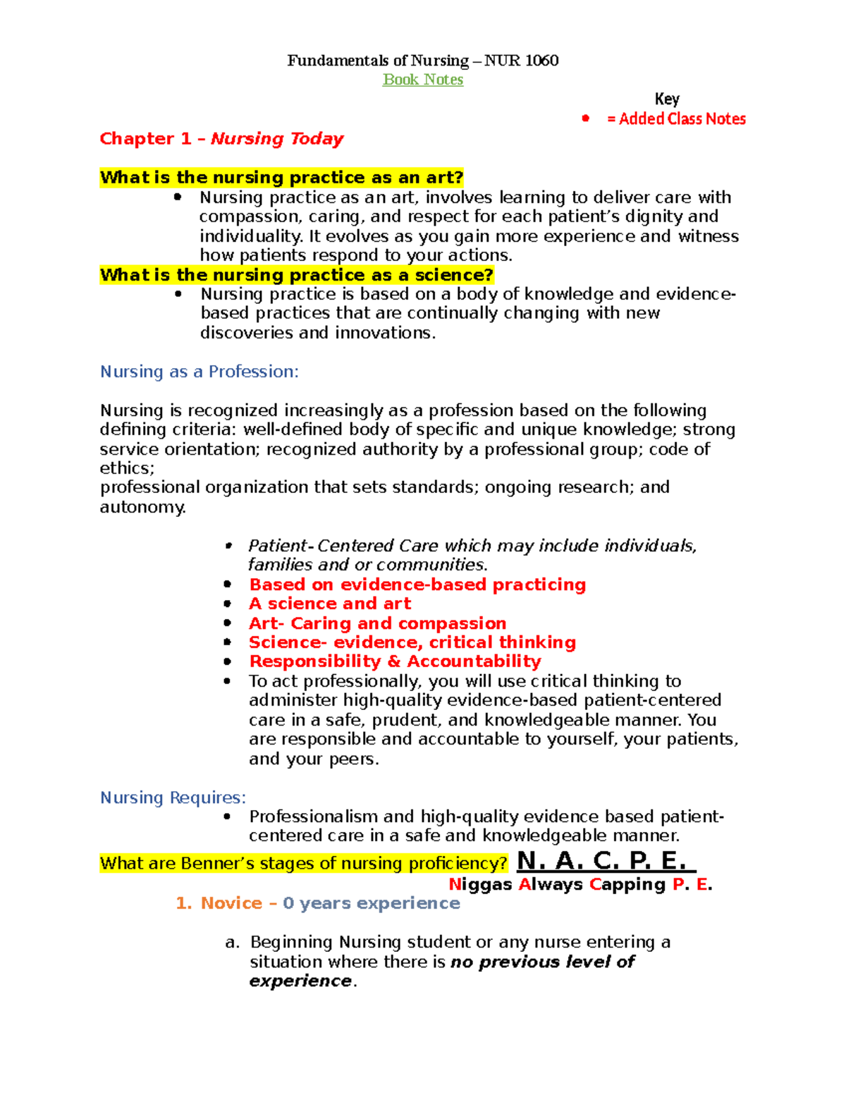 Nursing Fundamentals Notes (NURS 101) - Key Concepts from Chapter 1 ...