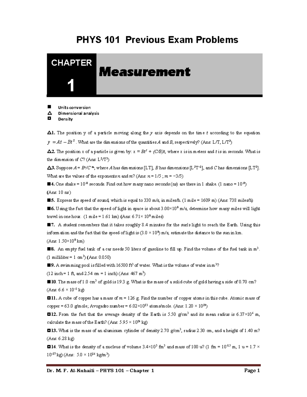 Chapter 1 Overview - PHYS101 Measurement and Units Analysis - Studocu