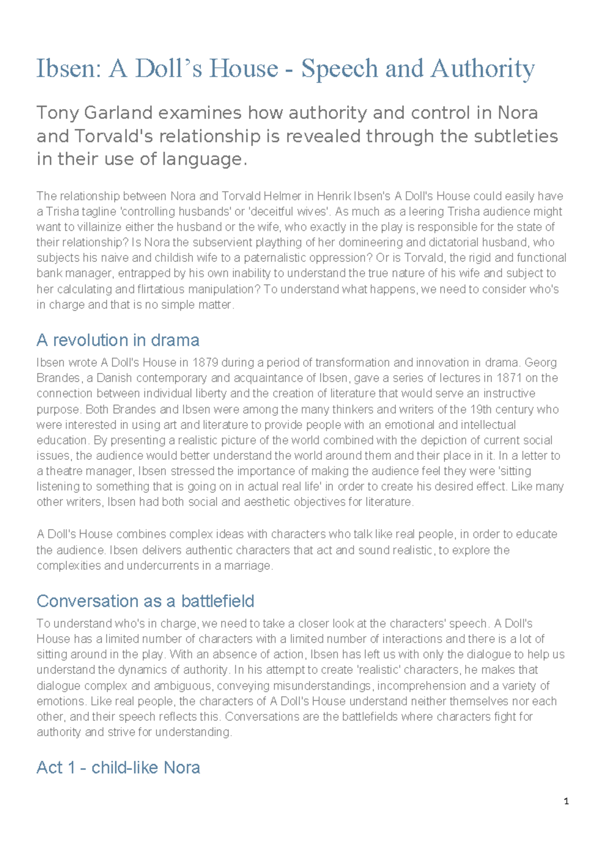 A Doll's House (ENG101) - Analyzing Speech and Authority Dynamics - Studocu