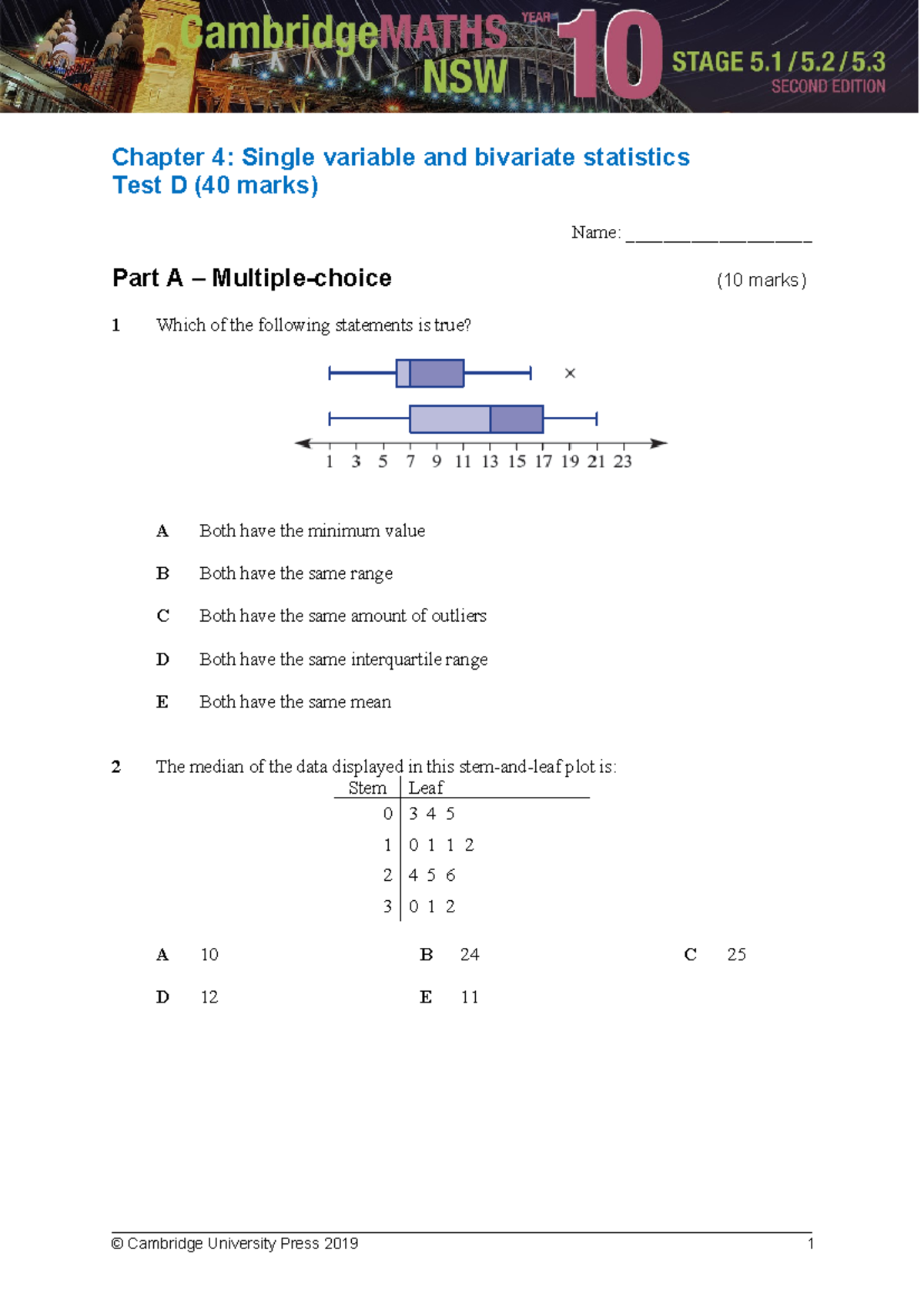 Camb Maths 10: Chapter 4 - Single & Bivariate Stats Test D - Studocu