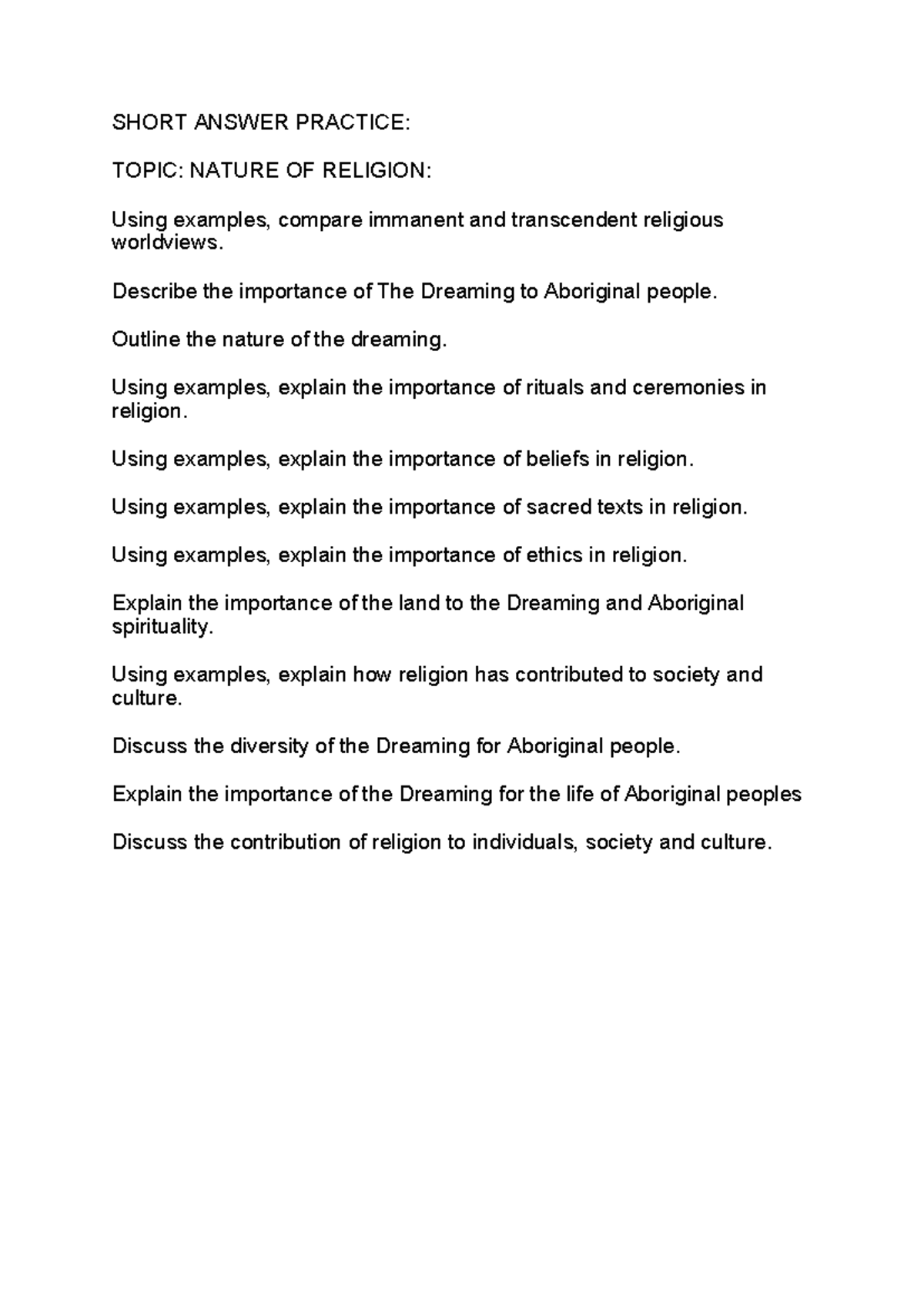 Short Answer Practice: Nature of Religion Assessment - Studocu