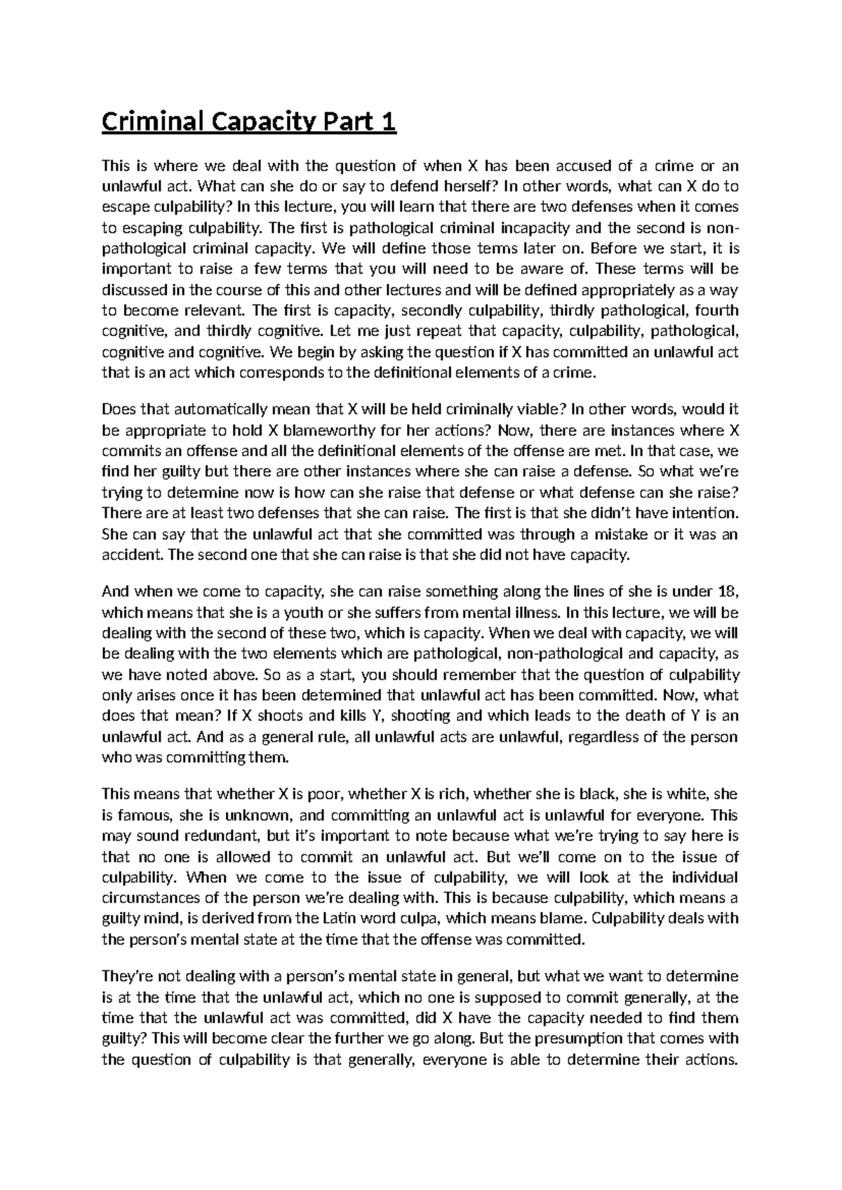 Criminal Capacity Lecture Notes (Part 1): Understanding Culpability ...