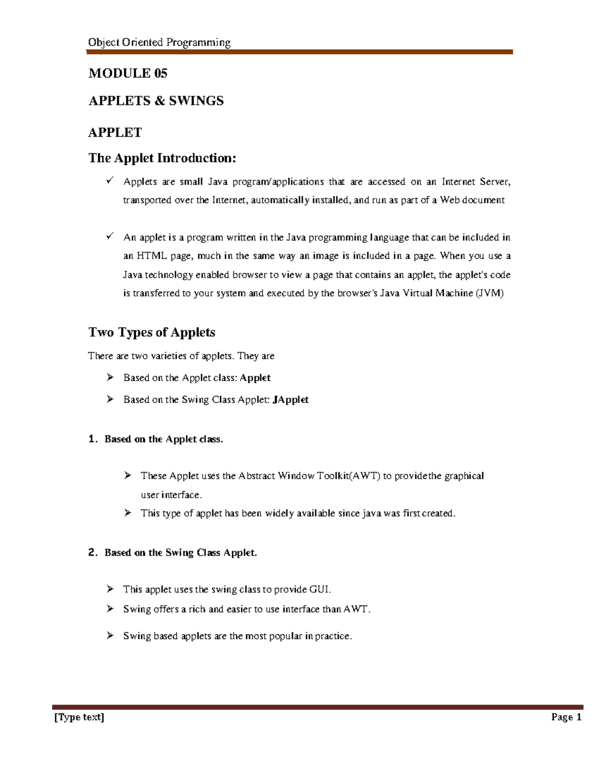 18CS45 Module-5: Applets & Swing in Java Programming - Studocu