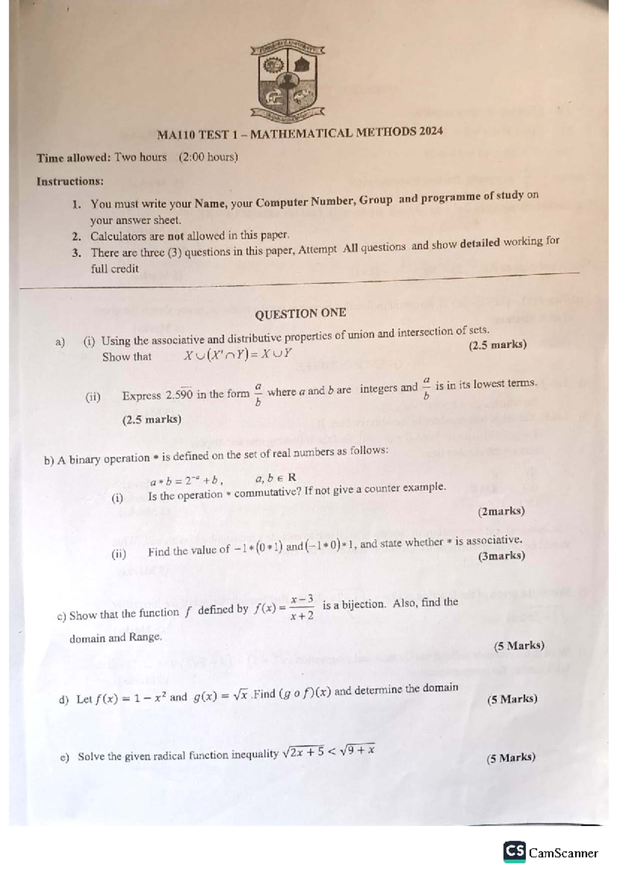 MA110 TEST: Mathematical Methods Exam 2024 - Studocu
