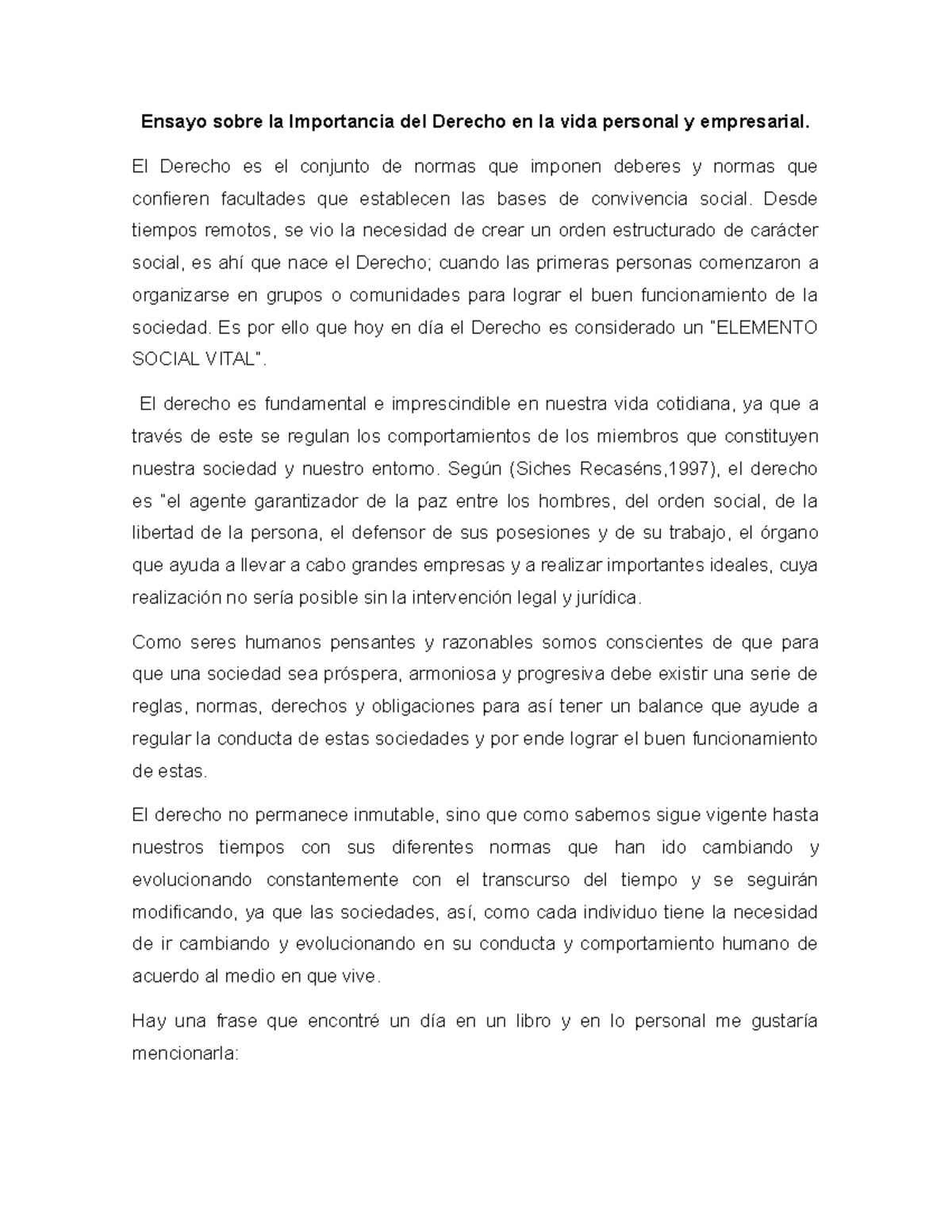 Ensayo sobre la Importancia del Derecho en la Vida Personal y ...