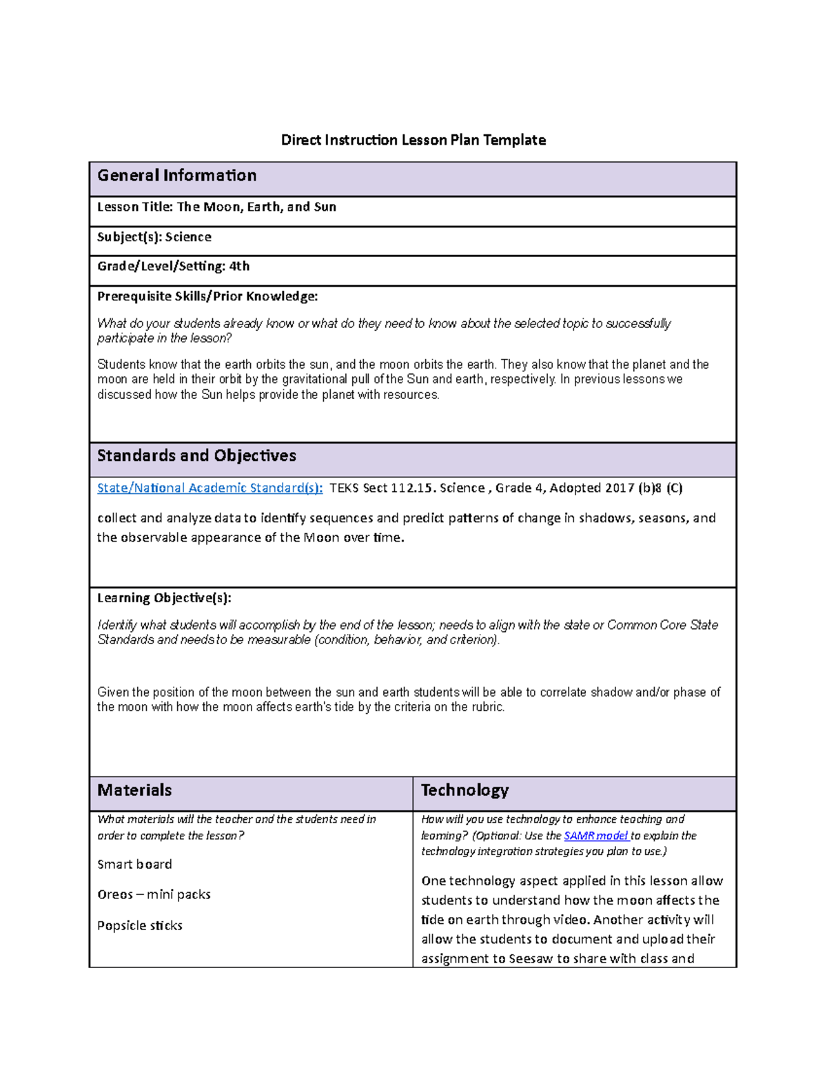 Lesson Plan for Science 4th Grade - Space Unit: Moon, Earth, and Sun ...