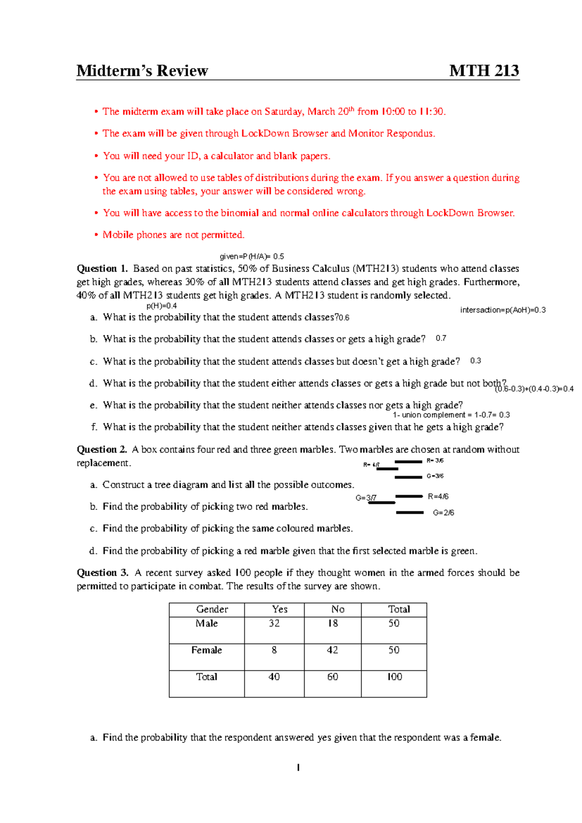 MTH213 Midterm Exam Review: Key Concepts and Probability Problems - Studocu