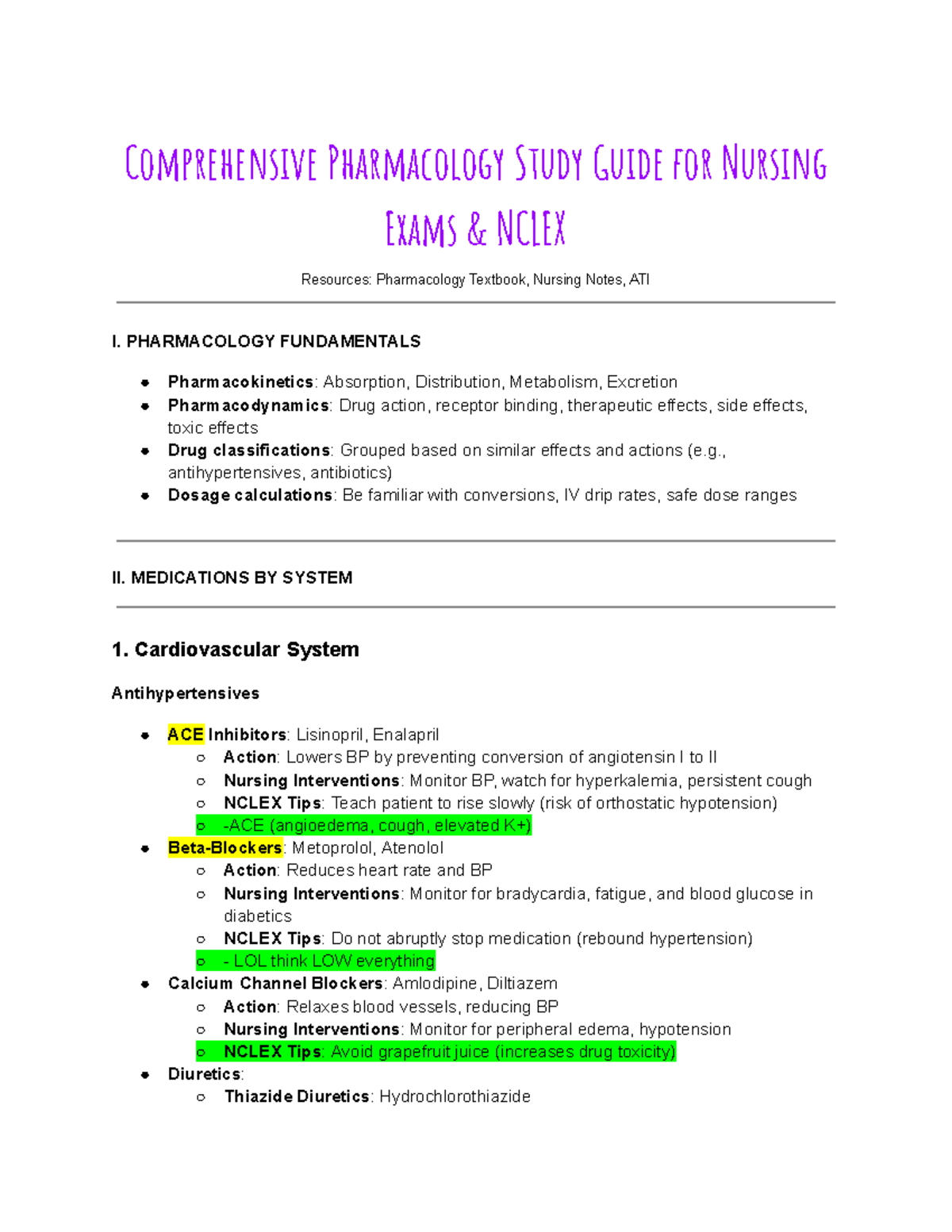 Comprehensive Pharmacology Study Guide for Nursing Exams & Nclex ...