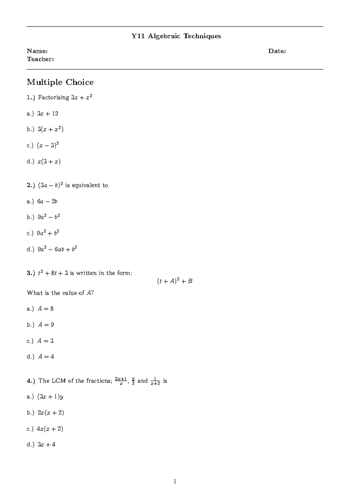 Y11 Algebraic Techniques: Multiple Choice & Short Answer Questions ...