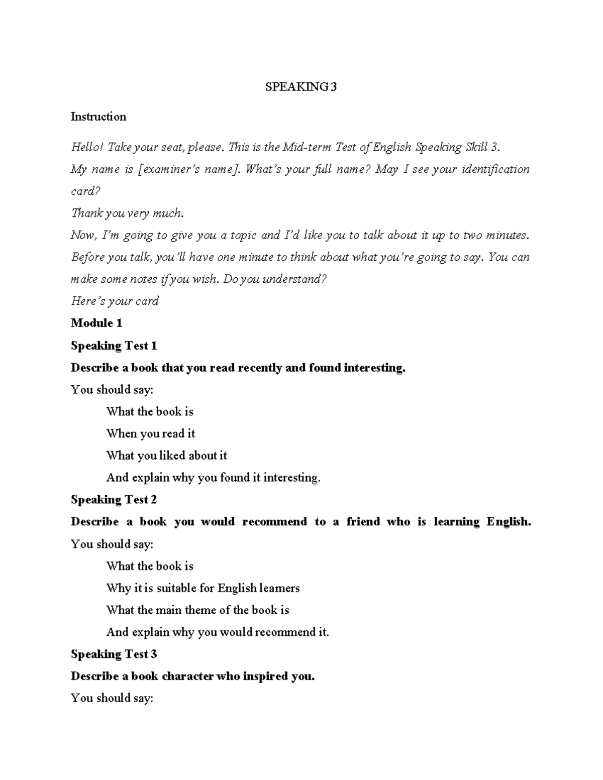 SPEAKING 3: English Speaking Skills Test Modules 1-4 Overview - Studocu