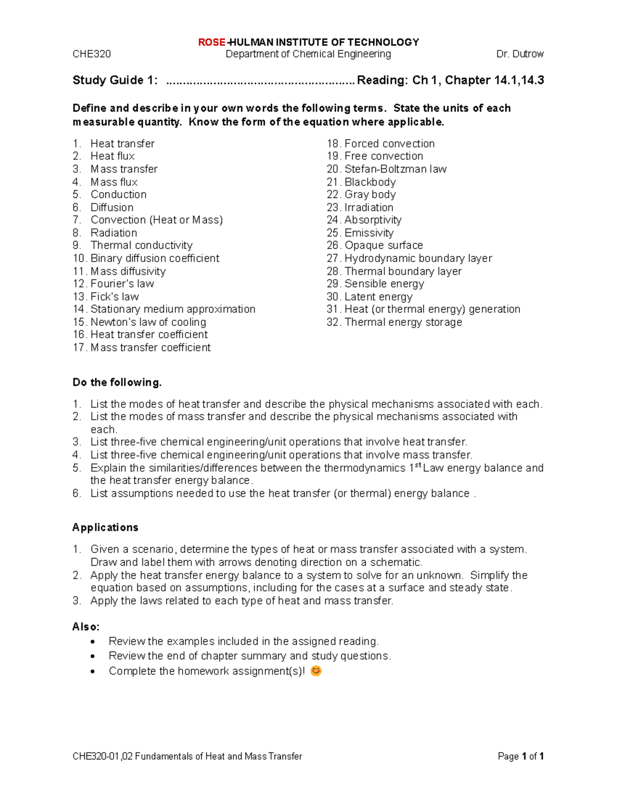 CHE320 Study Guide 1: Heat & Mass Transfer Fundamentals Review - Studocu