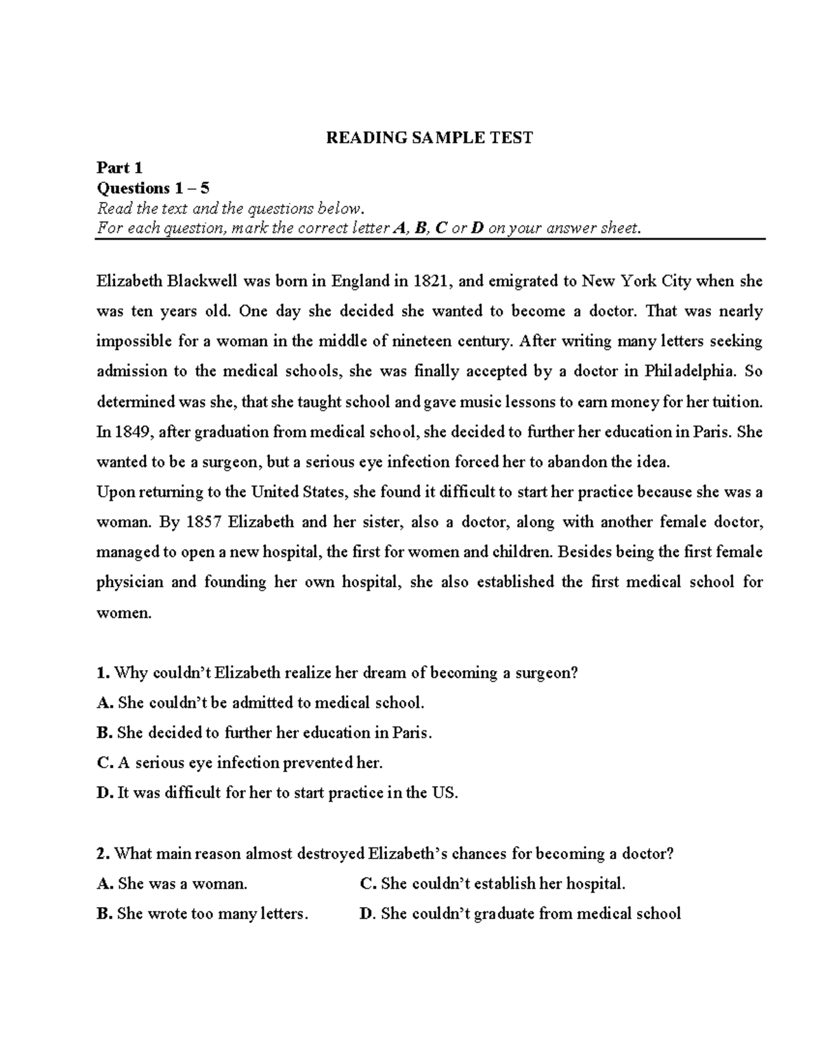 RE 101: Reading Sample Test with Questions and Answers - Studocu
