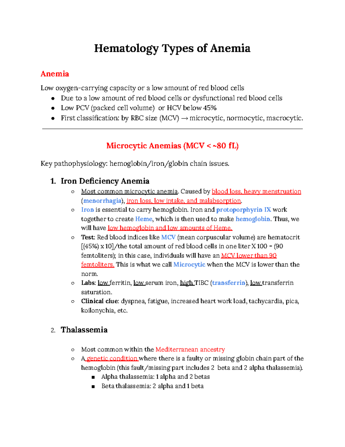 Hematology 101: Types of Anemia and Their Classifications - Studocu