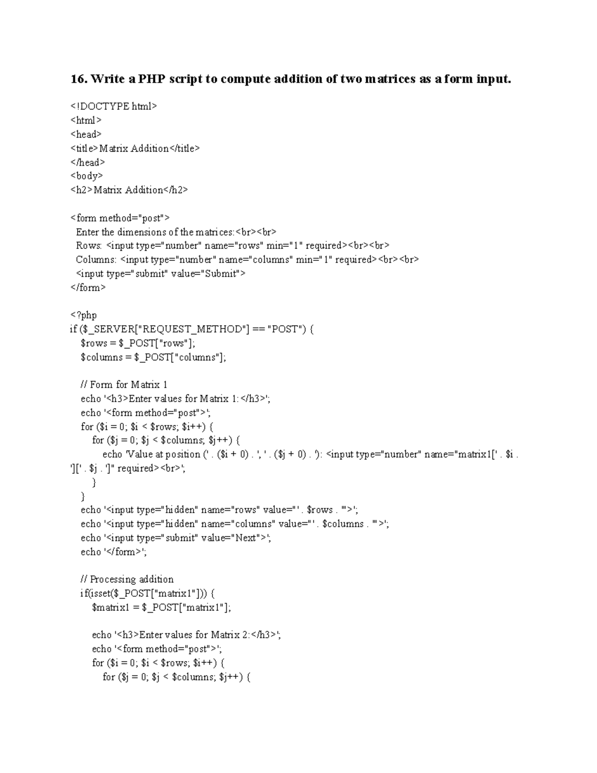 16-21 PHP Lab Programs: Matrix Addition, File Upload, DB Creation - Studocu