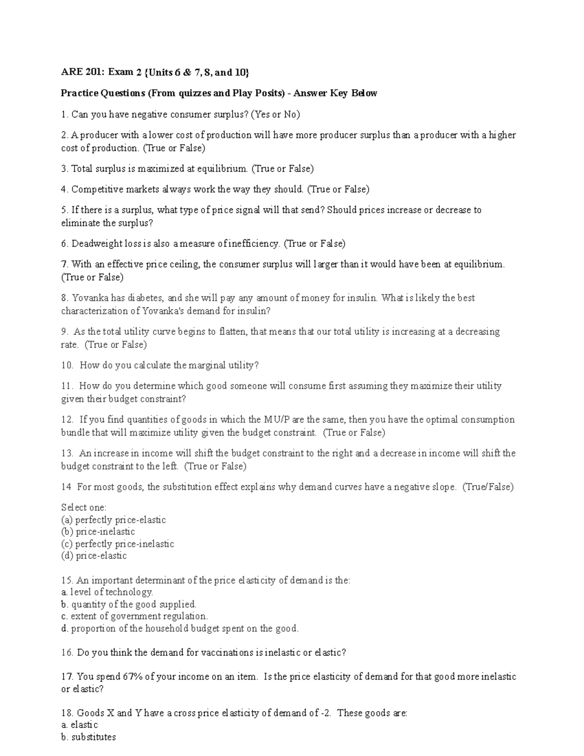 ARE 201: Exam 2 Review Questions & Answer Key - Fall 2021 - Studocu
