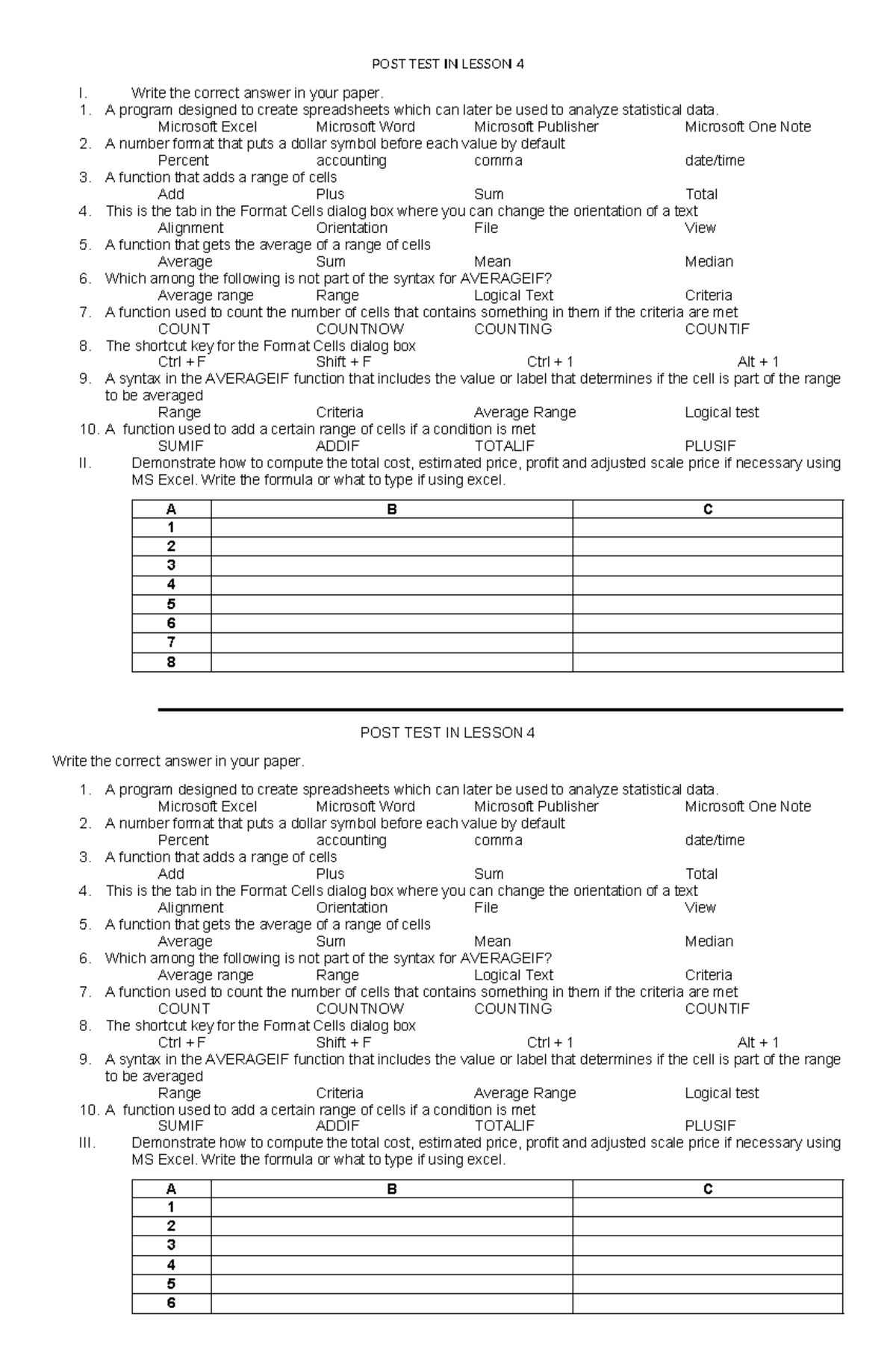 POST TEST IN LESSON 4: MS Excel Functions and Formulas - Studocu