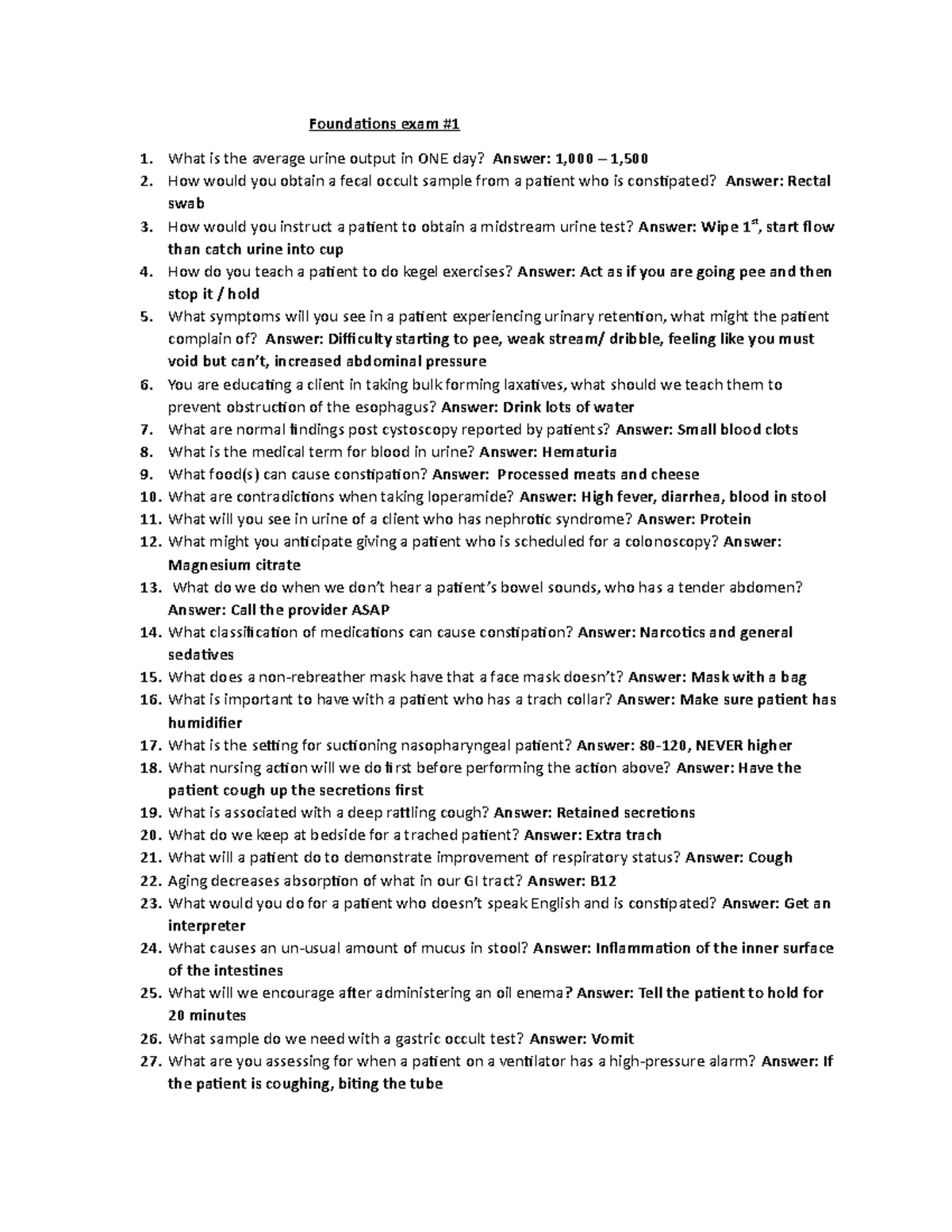 Foundations Exam 1 - Key Concepts and Nursing Responses - Studocu