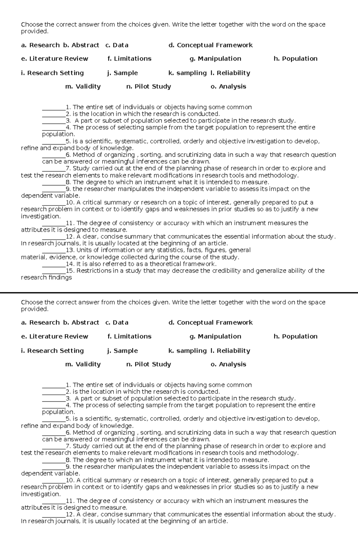 Research Quiz: Key Concepts and Definitions - Studocu