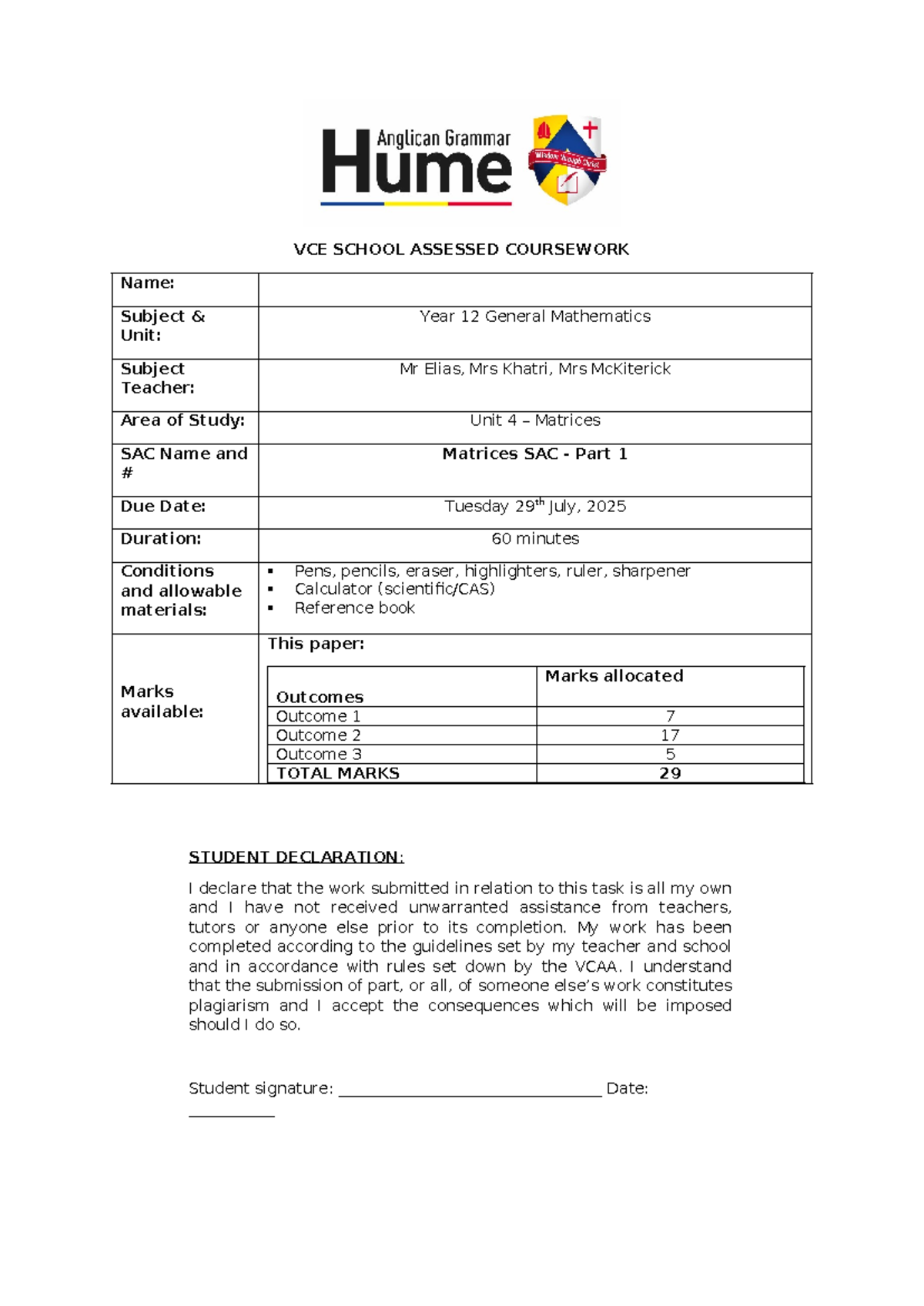 Year 12 General Mathematics (VCE) - Matrices SAC Part 1 & 2 - Studocu