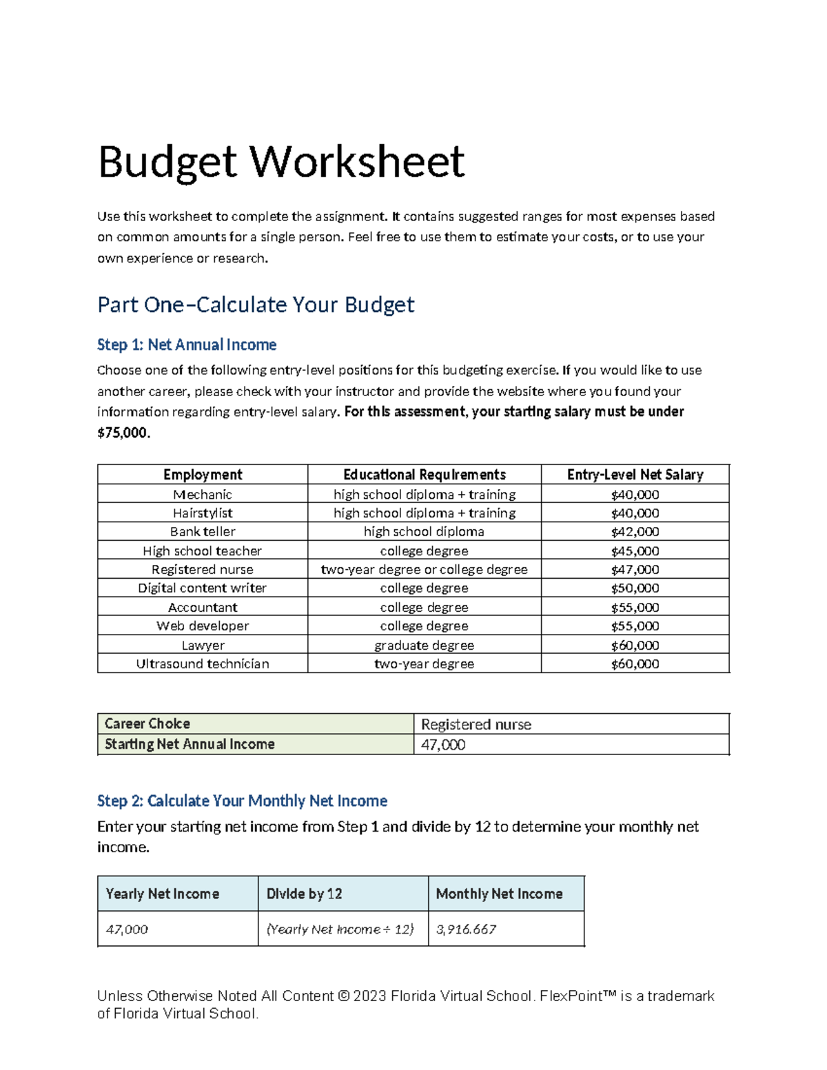 Budget Worksheet for Personal Finance Assignment (Course Code: 01 ...