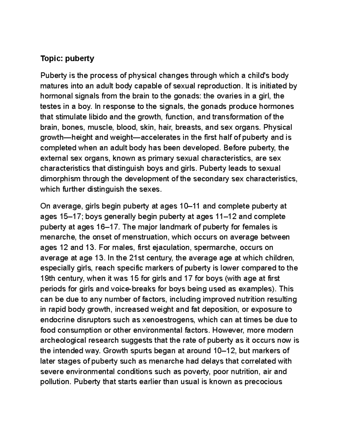 Understanding Puberty: Key Changes and Differences - Sample Essay - Studocu