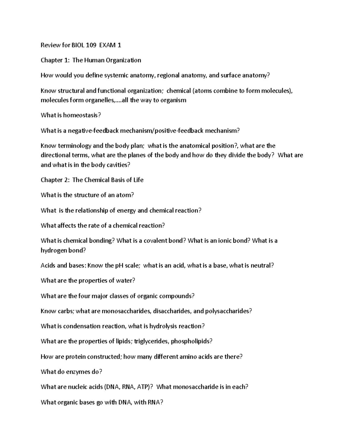 Review for BIOL 109 Exam 1: Human Anatomy & Chemistry - Studocu