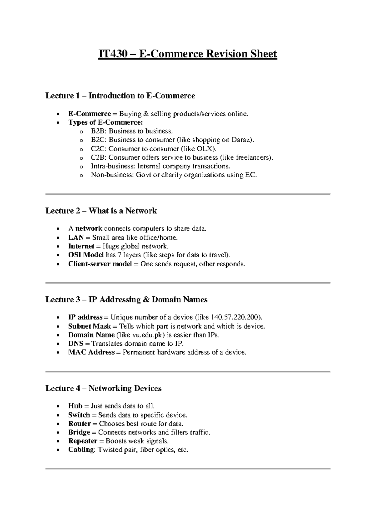 IT430 Revision Sheet: Key Concepts in E-Commerce and Networking - Studocu