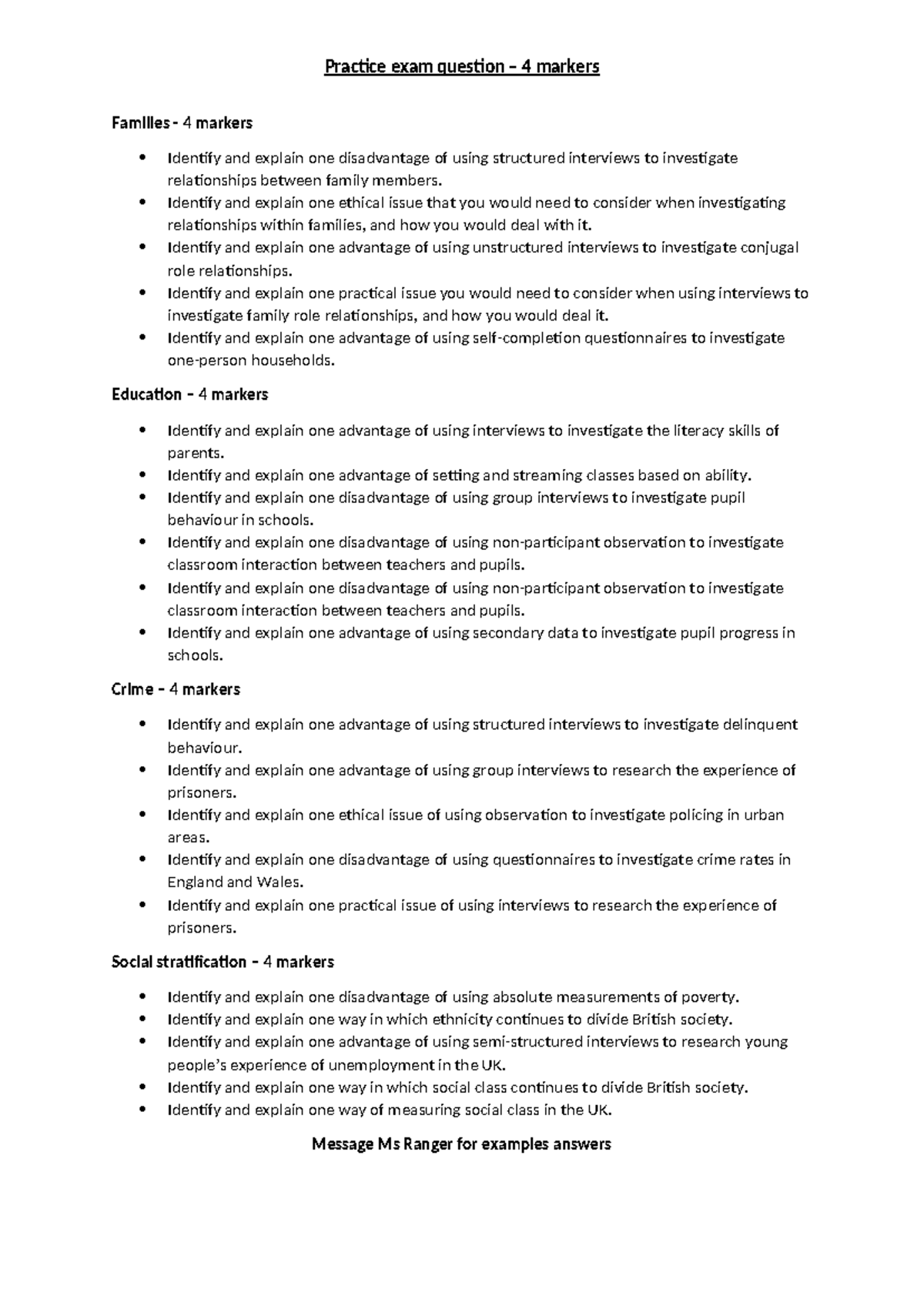 Sociology Practice Exam - 4 Mark Questions (Families, Education, Crime ...