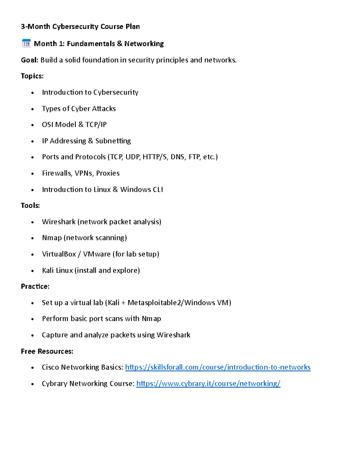 Cybersecurity Course Plan: 3-Month Training Modules - Studocu