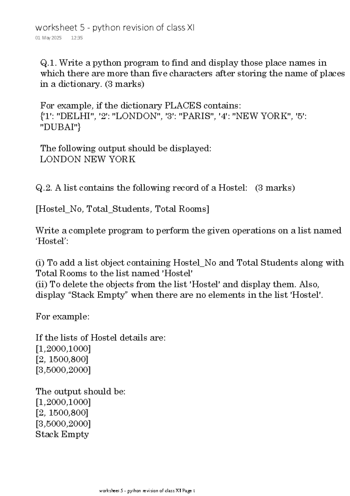 Worksheet 5 - python revision of class XI - Q. Write a python program ...