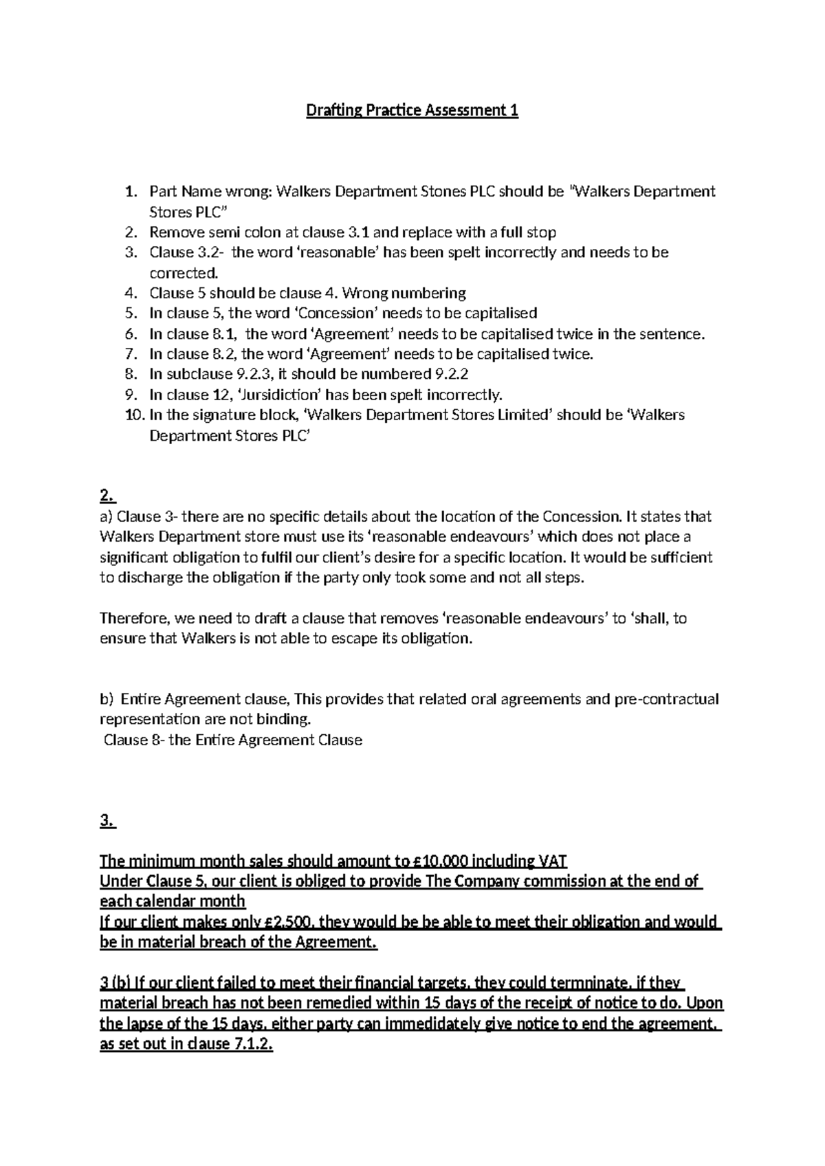 Drafting Practice Assessment 1: Key Corrections and Clause Updates ...