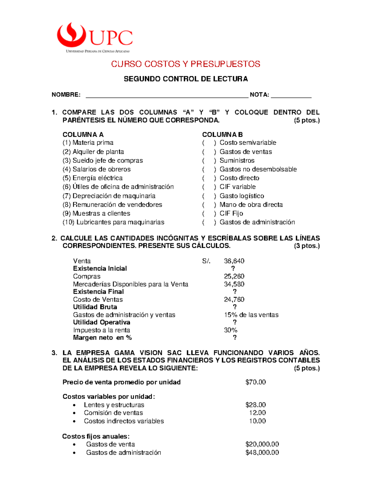 38 2DO Control de Lectura - Análisis de Costos y Presupuestos UPC - Studocu