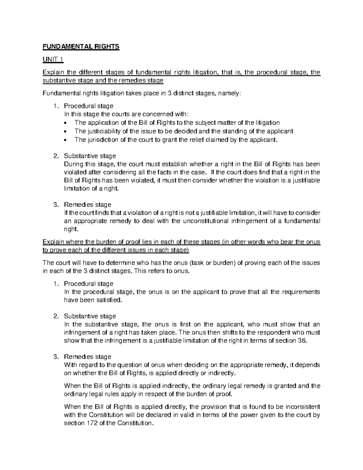 Fundamental Rights Litigation Stages and Onus of Proof Notes - Studocu