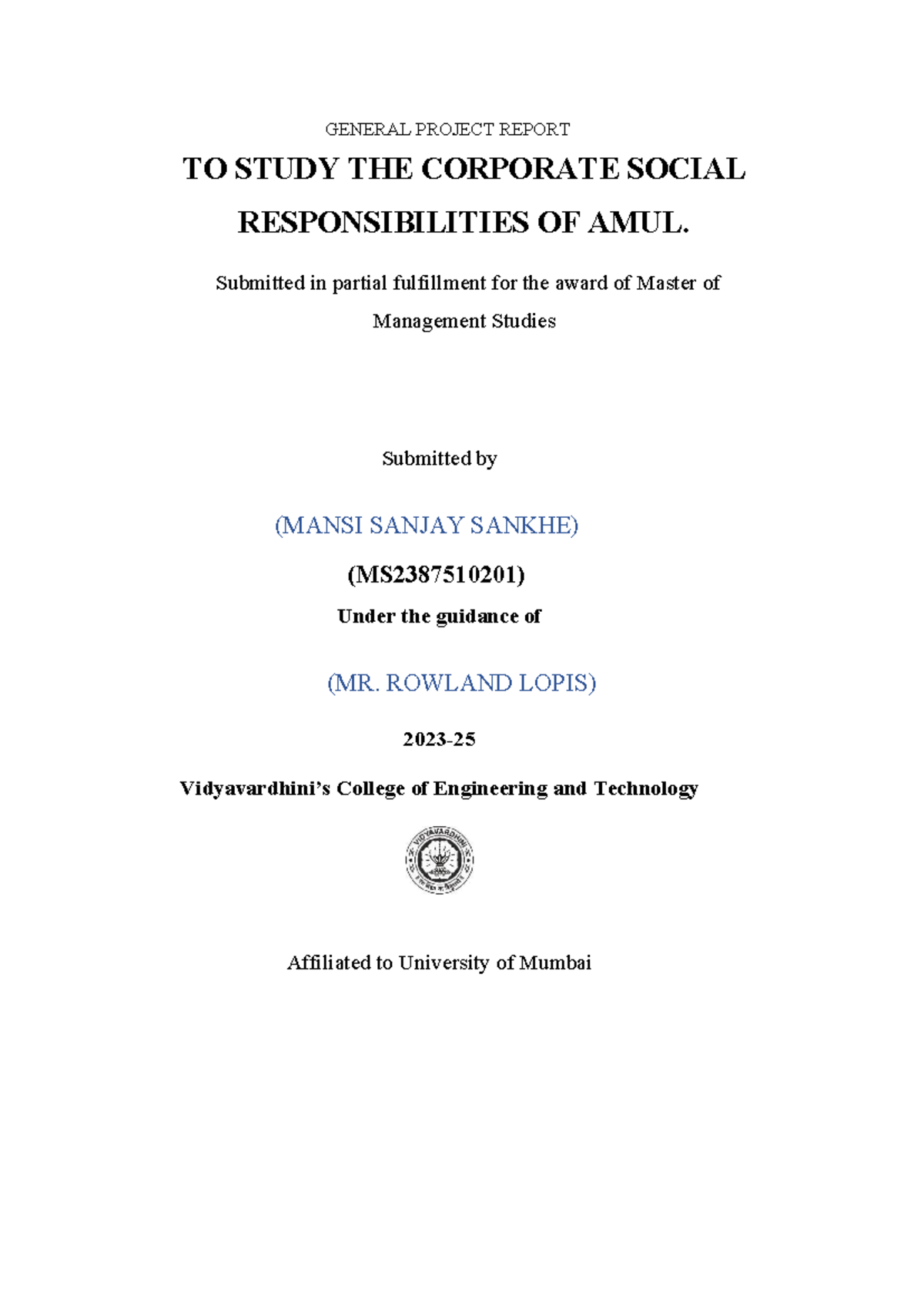 MMS Project Report: Analyzing CSR Strategies of Amul - Studocu