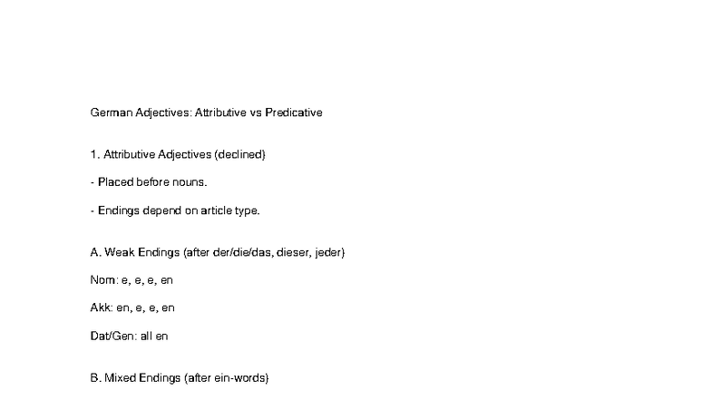 German Adjectives Cheatsheet: Attributive vs Predicative - Studocu