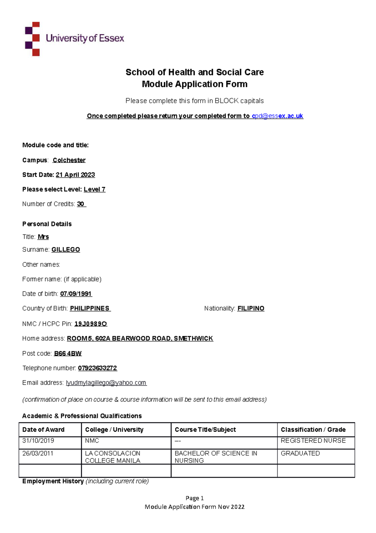 HSC CPD Module Application Form - School of Health and Social Care ...