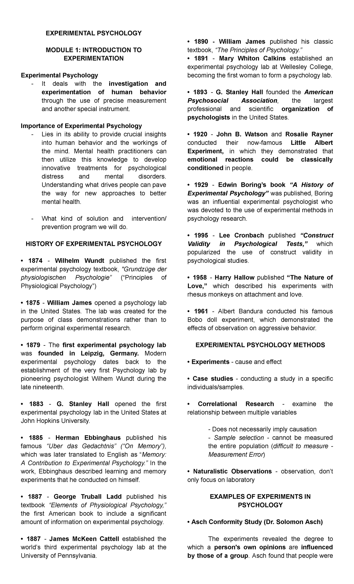 Experimental Psychology (PSY 101) Study Notes and Key Concepts - Studocu