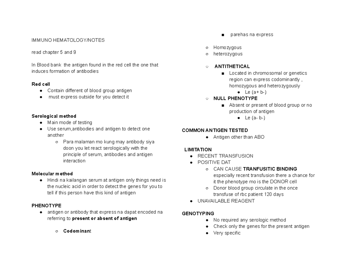 IMMUNO 101: Immunohematology Notes on Blood Group Antigens and Testing ...