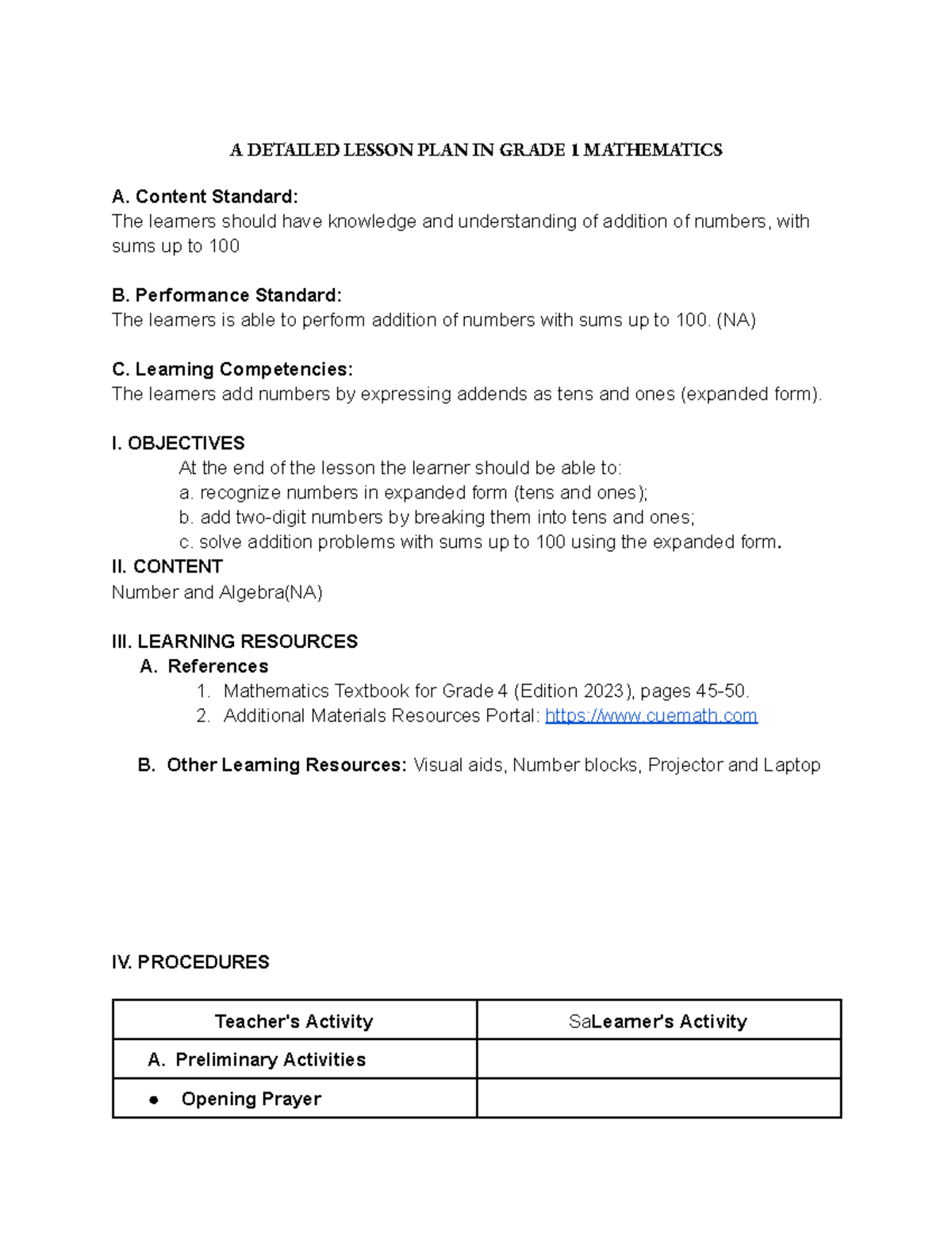Math lesson plan 4 A's - Educational Purpose - A DETAILED LESSON PLAN ...