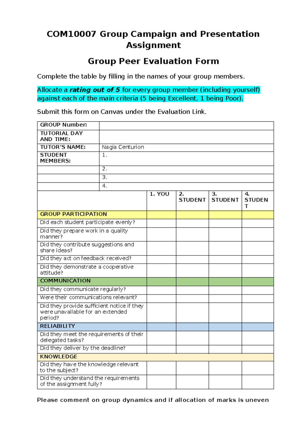 Group Peer Evaluation Form - Campaign Presentation Assignment - Studocu