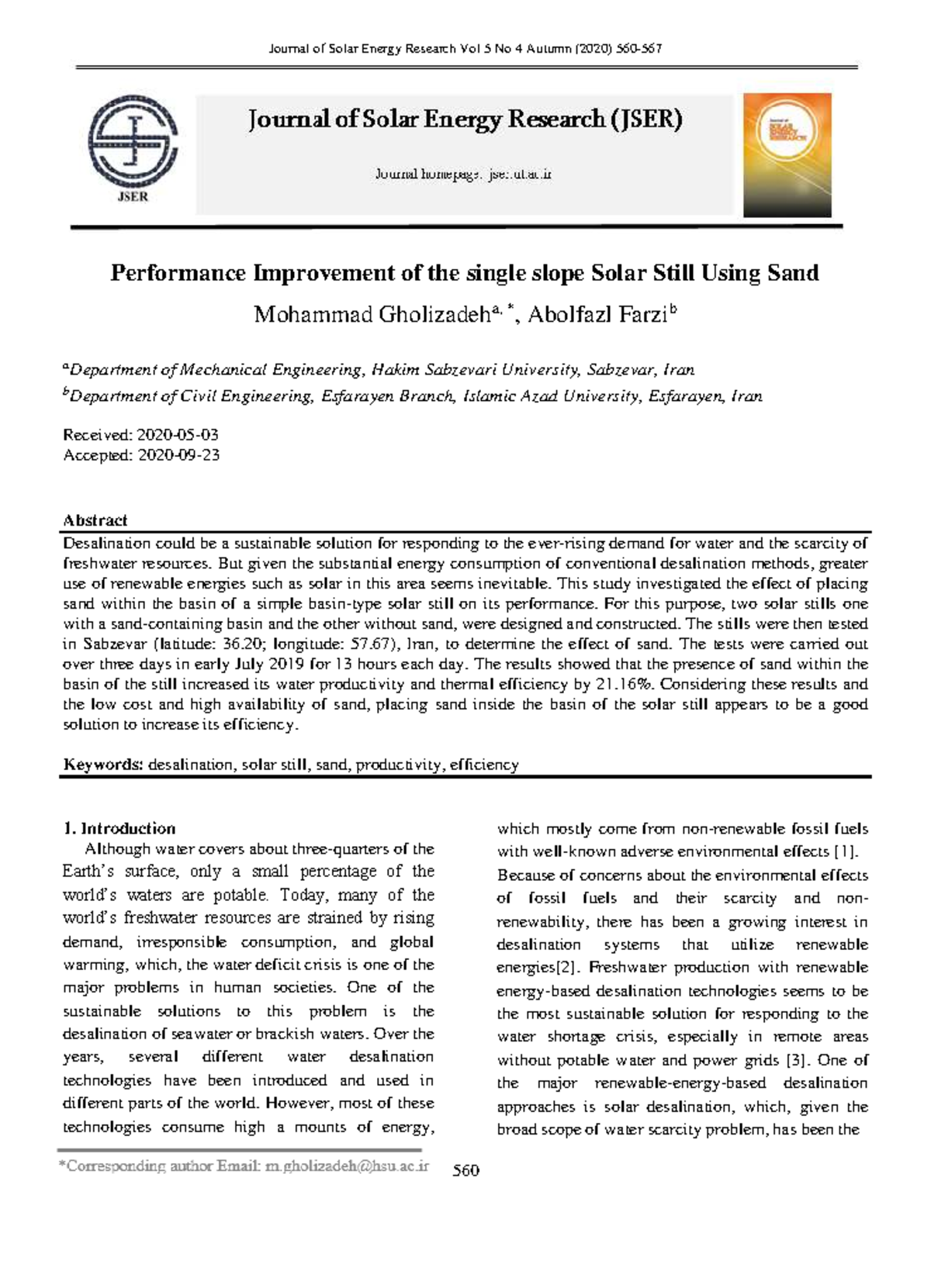 Performance of Single Slope Solar Still with Sand: A Study ...