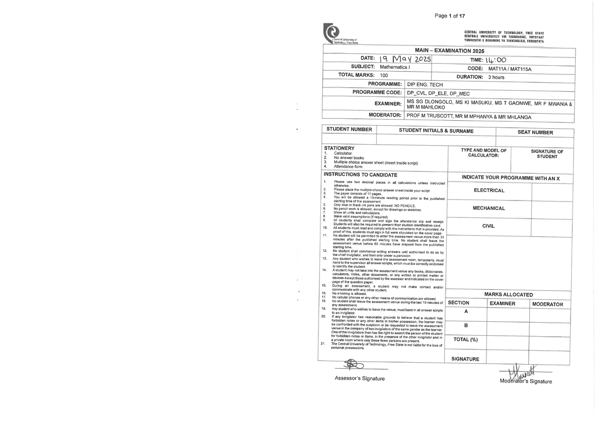 MAT115A - Mathematics Main Exam Instructions and Guidelines 2025 - Studocu