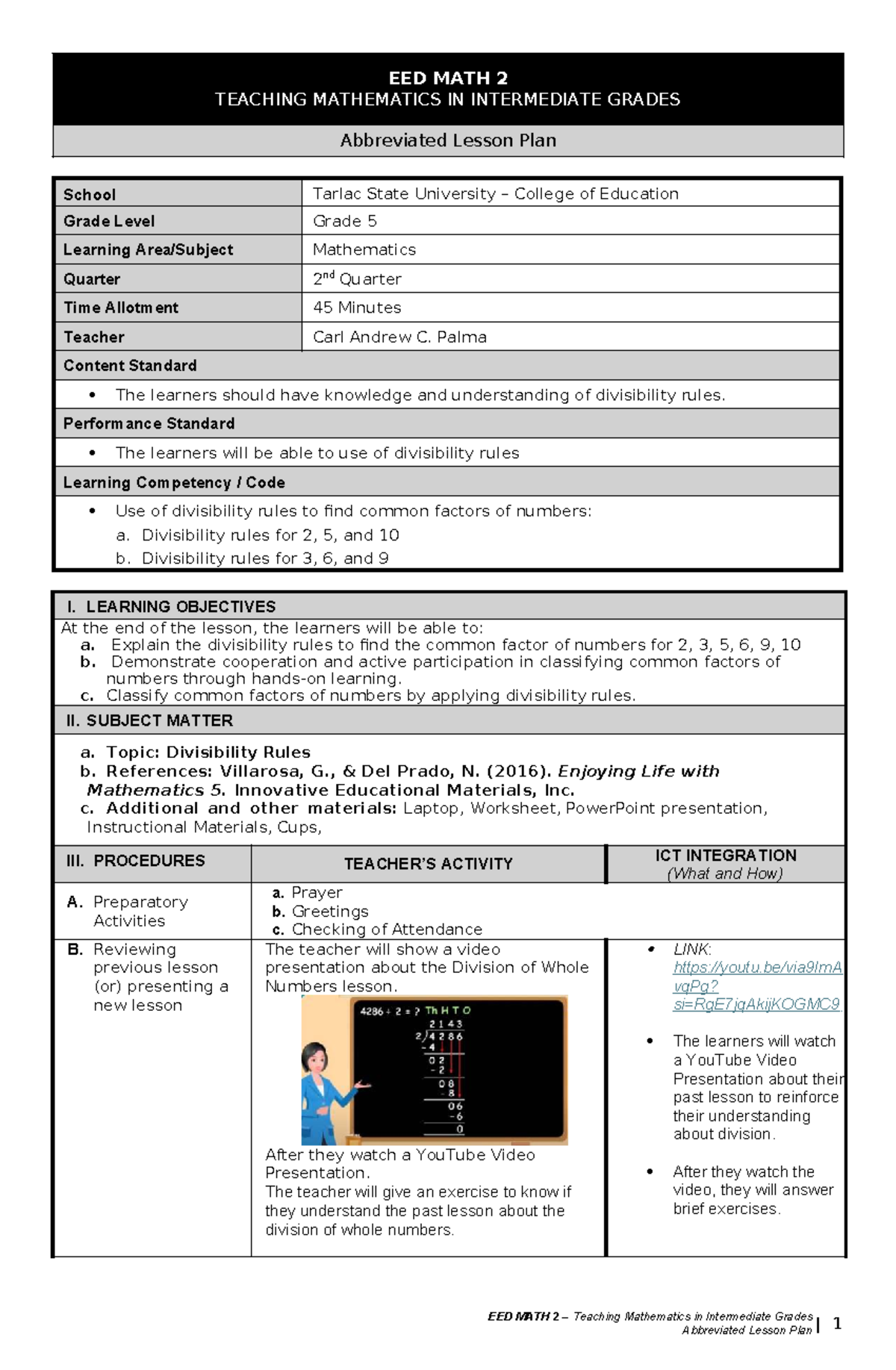 EED MATH 2 Abbreviated Lesson Plan: Divisibility Rules for Grade 5 ...